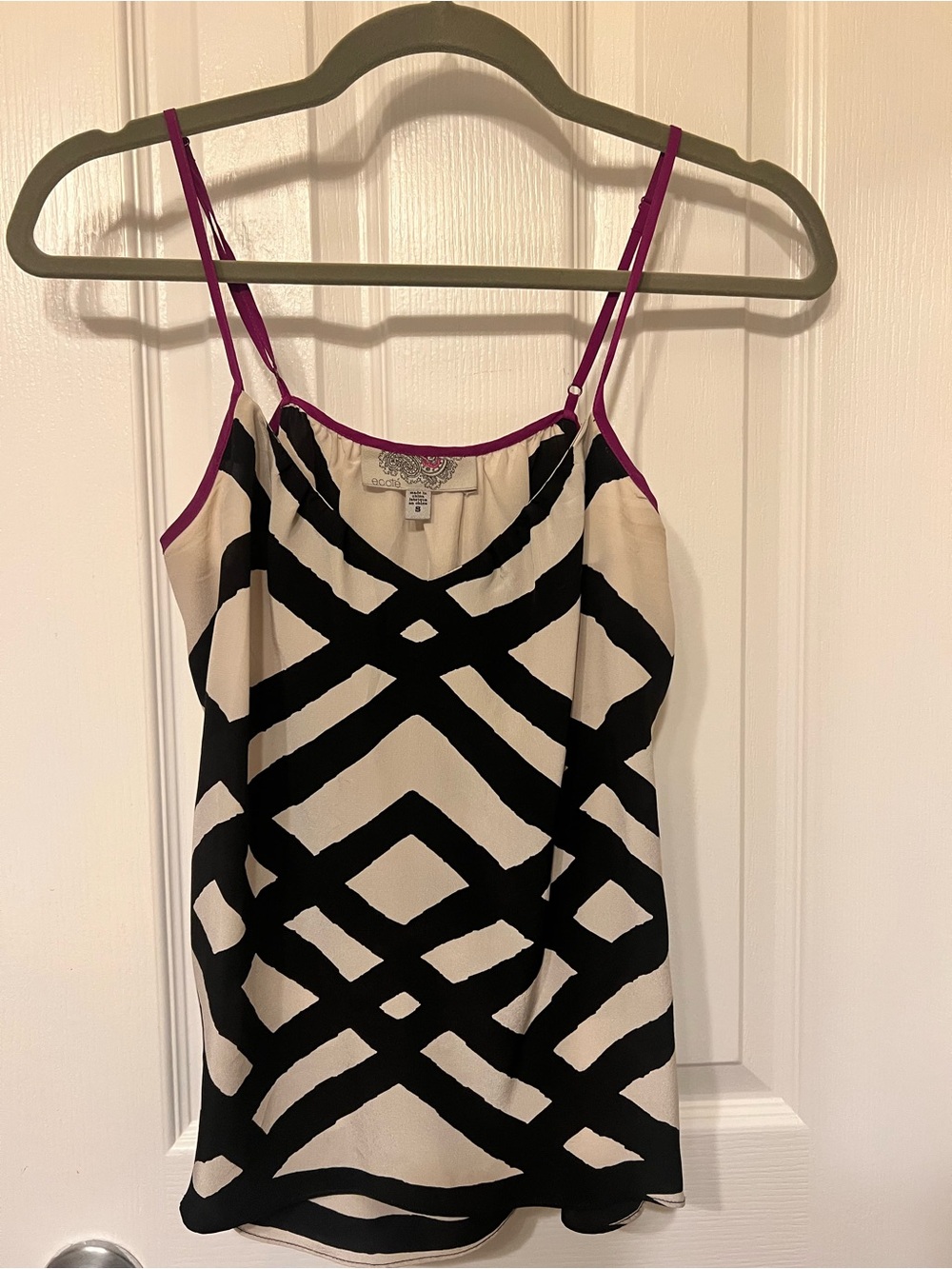 Ecote Black & Cream Silk Geometric Print Spaghetti Strap Tank, Pink Trim, Size S